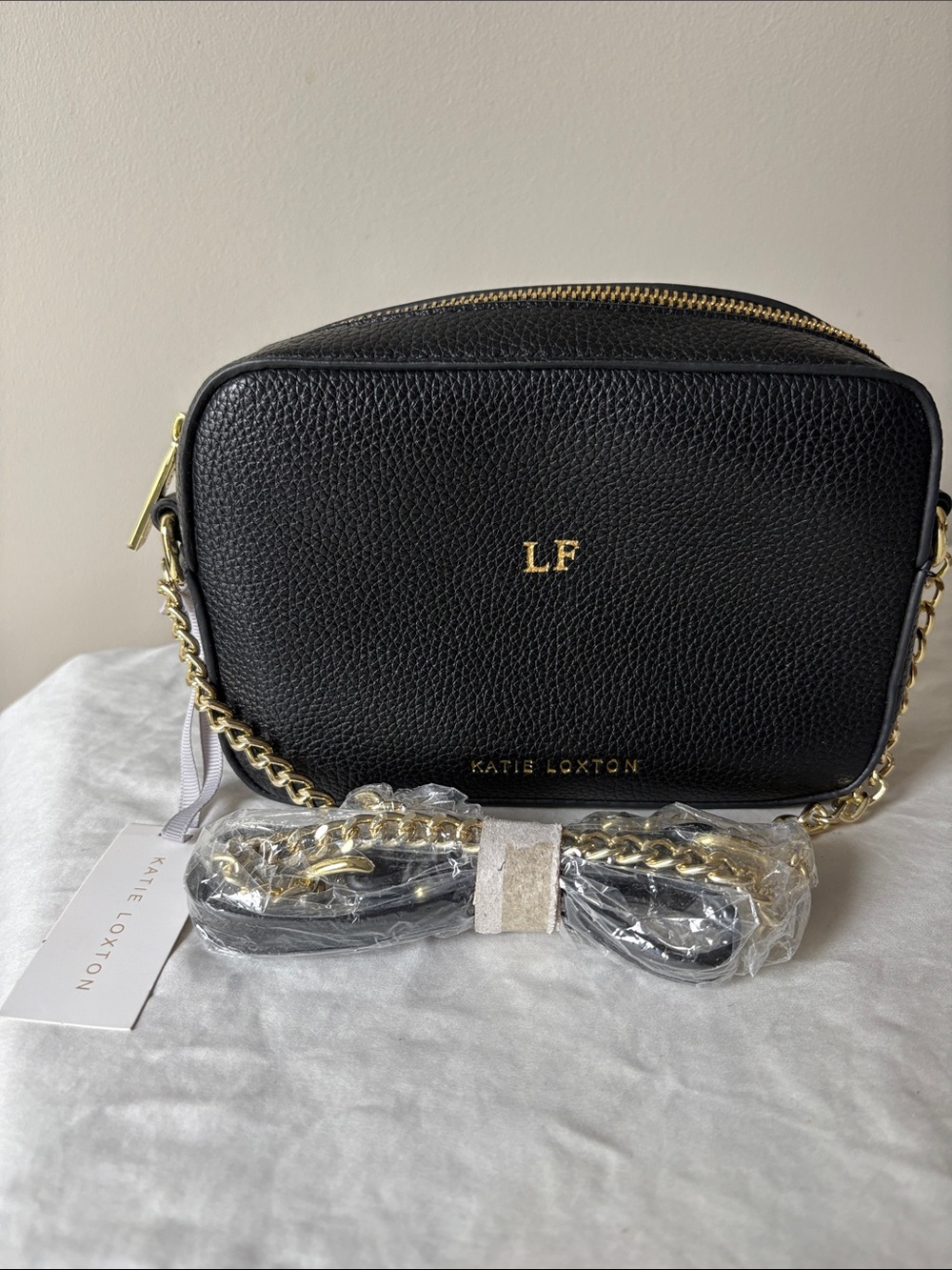 NWT Katie Loxton Black Leather Crossbody Bag with Gold Chain